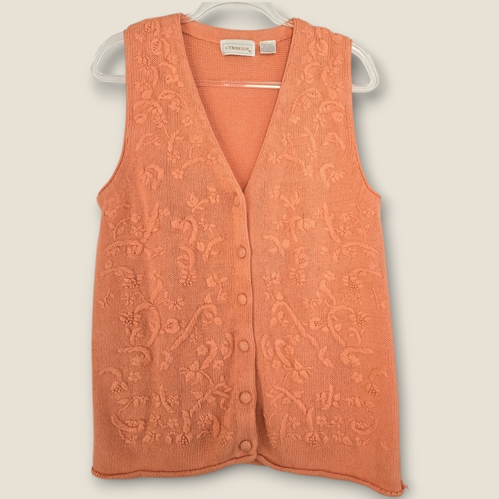 Vintage Cymbrion Sweater Vest Size M Peach Embroidery Cotton Granny Cottagecore